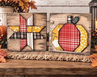 Primitive Autumn Quilt Block Signs Set of 2, Rustic Farmhouse Shelf Decor, Mini Barn Quilt Blocks, Cottage Core Wood, Fall Colors Orange