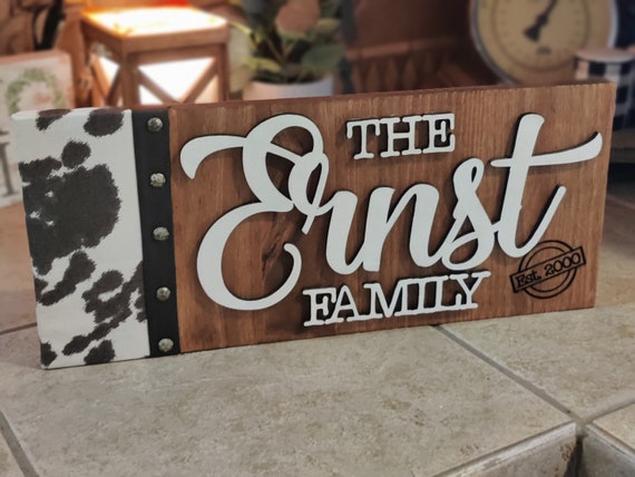 Cow Print Custom Personalized Shelf Sign | Branded Mantle Sitting Decoration | Housewarming Gift | Rustic | Western | Wedding Gift Name Sign
