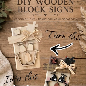 May include: Two rectangular wooden block signs featuring laser-cut scarecrow face components. One sign is unfinished light wood, while the other is painted with black, white, and brown details, including a raffia bow and a small black bird cutout.