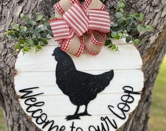 Welcome to Our Coop Chicken Doorhanger | Handmade Custom Sign | Front Door | Housewarming Gift | Rustic | Welcome | Christmas | 3D |Shiplap