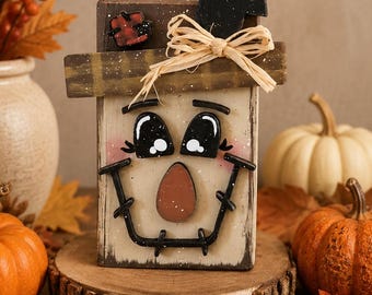 Rustic Scarecrow Wood Block Decor | Hand Painted Fall Shelf Sitter | Farmhouse Autumn Decoration | Cute 2x4 Wooden Scarecrow
