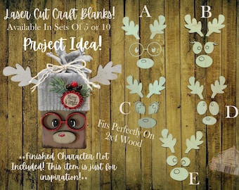 Laser Cut Reindeer Face Craft Blanks | DIY Christmas Paint Kit | Wood Winter Decor | Unfinished Snowman Faces | 2x4 Sign | Paint Party