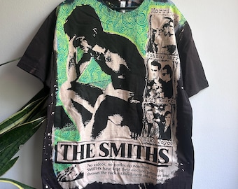 The Smiths Band T-Shirt, Hand-Printed Punk Style, Large Size, Vintage Acid Wash