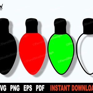 May include: Four light bulb shapes in black, red, green, and white. The shapes are outlined in black and are in the shape of a traditional Christmas light bulb.