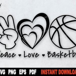 Peace Love Basketball Svg / Sport e design ispiratore / File di taglio del simbolo del basket / Cricut e Silhouette / Download immediato