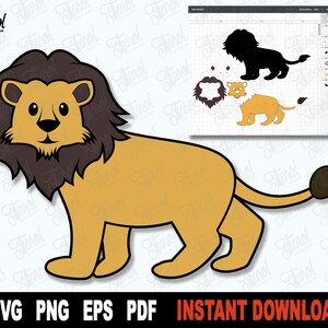 Löwe SVG, Layered Lion Cut Datei, Schwarze Silhouette, Niedliche Löwe SVG Datei für Cricut, Tier Clipart, Löwe Cartoon PNG, Sofort Digital Download