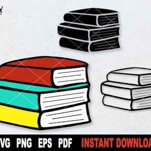Boek SVG, Book Stack Svg Cut File, School SVG Bestanden voor Cricut, Silhouette, College Clipart, Sublimatie Png- Instant Digital Download