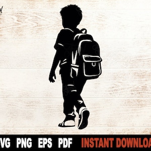 Arquivo Svg de menino com mochila escolar para Cricut, silhueta, volta às aulas Svg, material escolar clipart vetorial - download digital