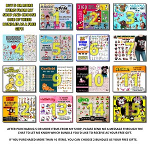 May include: A collage of 15 colorful squares, each featuring a different cartoon character or theme. The squares are numbered 1 through 15. The text "BUY 5 OR MORE ITEMS FROM MY SHOP AND CHOOSE ONE OF THESE BUNDLES AS A FREE GIFT!" is at the top of the image. The text "AFTER PURCHASING 5 OR MORE ITEMS FROM MY SHOP, PLEASE SEND ME A MESSAGE THROUGH THE CHAT TO LET ME KNOW WHICH BUNDLE YOU'D LIKE TO RECEIVE AS YOUR FREE GIFT. IF YOU PURCHASED MORE THAN 10 ITEMS, YOU CAN CHOOSE 2 BUNDLES AS YOUR FREE GIFTS." is at the bottom of the image.