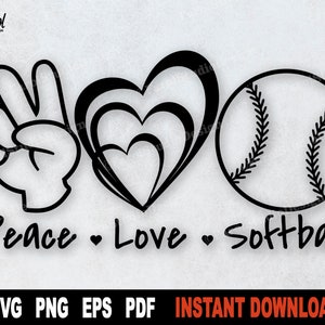 ソフトボール SVG、ピース ラブ ソフトボール SVG カット ファイル、Cricut 用ソフトボール SVG ファイル、スポーツ クリップアート SVG、PNG シルエット - インスタント デジタル ダウンロード