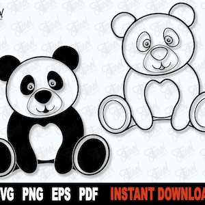 Panda SVG, Bear Outline Svg, Panda Bear SVG File For Cricut, Silhouette, Bear Clipart Cute Cut File Vector, PNG- Instant Digital Download