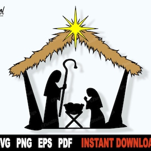 Belén de Navidad Svg, Archivo de Natividad Svg para Cricut, Silueta, Imágenes Vectoriales Navideñas, Niño Jesús, María, José, Estrella del Norte