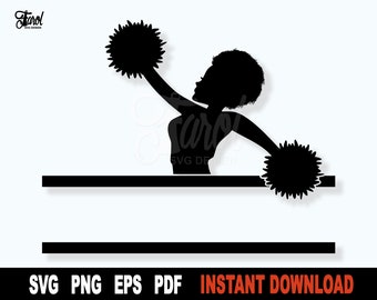 Afro Cheerleader SVG Cut File, Cheer Split Name Frame SVG Cut File, Black Cheerleader Silhouette Sports Cliparts - Instant Digital Download