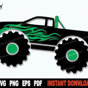 Monster Truck SVG z zielonymi płomieniami ognia, plik svg Automotive Clipart dla Cricut, plik svg do cięcia samochodów, sublimacja — natychmiastowe pobieranie cyfrowe