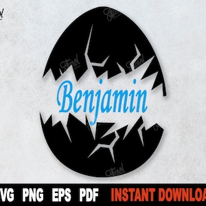 May include: Black and white silhouette of a cracked egg with the name "Benjamin" written in blue inside.