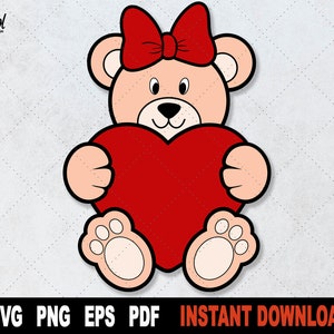 Bear SVG, Valentine SVG, Bear With Heart And Bow Svg, Love SVG, File For Cricut, Silhouette Png Clipart Cut File,  Instant Digital Download