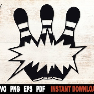 May include: Black and white silhouette of three bowling pins with a white starburst behind them. The pins are arranged in a triangle shape with the top pin in the center.