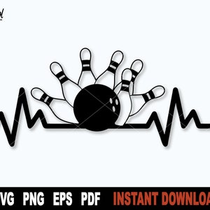 Heartbeat Bowling Ball And Pins Svg-bestand voor Cricut, Silhouette, Bowling Pins Svg, Sport Vector Clipart, Png Art - Instant Digitale Download