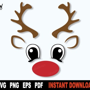 Rendieren Svg, Rendieren Svg-bestand voor Cricut, Silhouet, Kerst SVG, Rendieren Gezicht Svg- Schattig Rendieren Rode Neus - Instant Digitale Download