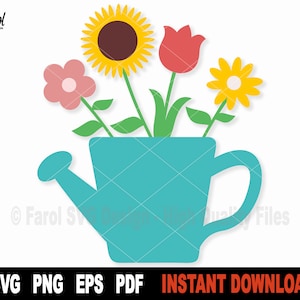 Gießkanne SVG mit Frühlingsblumen SVG-Datei für Cricut, Silhouette, Tulpen SVG, Sonnenblume SVG, Vektor-Cliparts-sofortiger digitaler Download