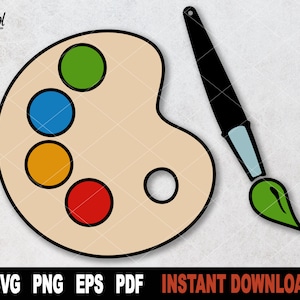 Paleta de pintura svg, pincel de pintura archivo svg para cricut, silueta, suministros de pintura svg, imágenes prediseñadas vectoriales escolares- Descarga digital instantánea