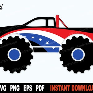 Monster Truck SVG w amerykańskich kolorach Plik SVG dla Cricut, sylwetka, patriotyczny plik do cięcia, samochód, motoryzacyjny Clipart - natychmiastowe cyfrowe pobranie
