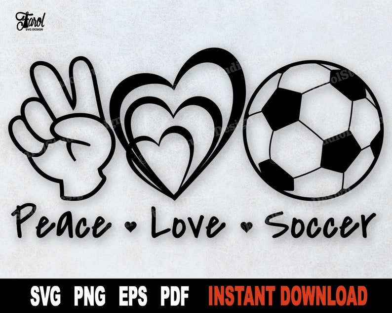 May include: Black and white graphic design with a peace sign, three hearts, and a soccer ball. The text "Peace Love Soccer" is below the graphic.