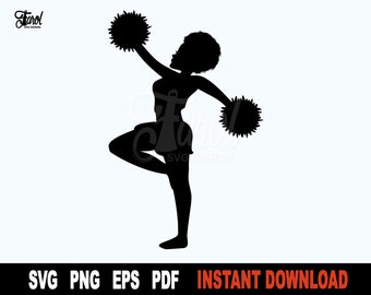 Afro Cheerleader SVG Cut File, Sport clipart SVG File For Cricut, Black Silhouette, Vector Sport cheer Svg Clipart- Instant Digital Download