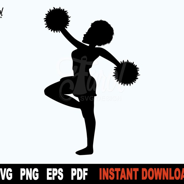 Afro Cheerleader SVG Cut File, Sport clipart SVG File For Cricut, Black Silhouette, Vector Sport cheer Svg Clipart- Instant Digital Download