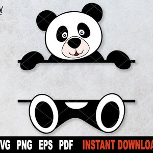 Panda Bear SVG, Black And White, Split Name Frame SVG File For Cricut, Cute Animal Clipart Vector Cut File, PNG- Instant Digital Download