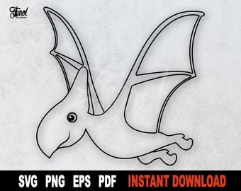 May include: A black and white line drawing of a cartoon pterodactyl with large wings and a small body. The pterodactyl has a large head with a beak and large eyes.