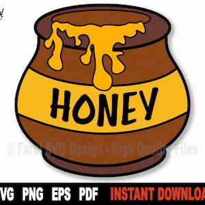 May include: A brown honey pot with a yellow label that says "HONEY" and dripping honey.