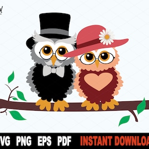 Paar Eulen SVG Auf Baum Ast, Valentinstag SVG Datei für Cricut, Eule Cut Datei, süße Tiere Clipart Png- Istant Digital Download