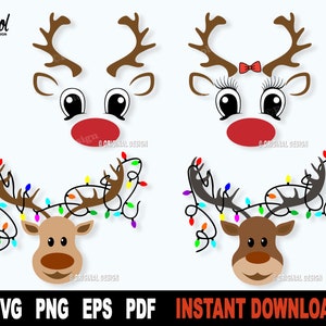 Rendier Svg Bundel, Rendier Gezichten Svg, Rendier met kerstverlichting Svg Bestand voor Cricut, Silhouet, Vector Clipart, Png Art Design