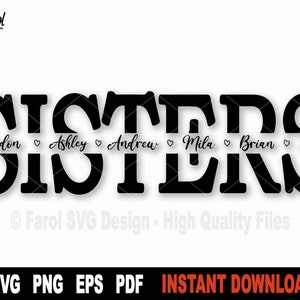 Soeur SVG, Split nom cadre fichier Svg pour Cricut, Silhouette, soeurs couper fichier, vecteur Clipart, Sublimation PNG - téléchargement numérique instantané