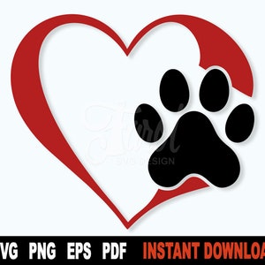 Hond Paw Svg, rood hart SVG gesneden bestand, hond Paw Svg-bestand voor Cricut, silhouet, Vector, Clipart - Instant Digitale Download
