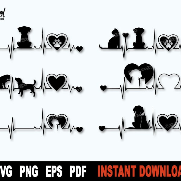 Heartbeat svg Bundle, Dog svg, Cat Svg, File For Cricut, Silhouette, Vector Clipart Cut File, Svg Cutting file- Instant Digital Download