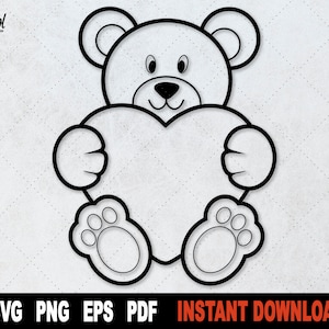 Bear SVG, Valentine SVG, Bear With Heart Svg, Love SVG, File For Cricut, Silhouette, Outline, Clipart Cut File,  Instant Digital Download
