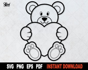 Bear SVG, Valentine SVG, Bear With Heart Svg, Love SVG, File For Cricut, Silhouette, Outline, Clipart Cut File,  Instant Digital Download
