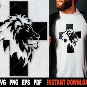 Leão de Judá SVG, Leão em uma cruz Arquivo Svg para Cricut, Silhueta, Versículos da Bíblia Cristã Clipart, Camisa Arquivo Png Download Digital Instantâneo