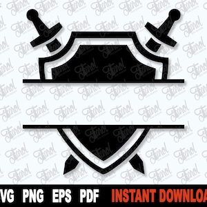 Peut inclure: Un design de monogramme divisé en noir et blanc avec un bouclier et deux épées croisées. Le bouclier a un espace pour un nom ou des initiales au centre.