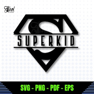 May include: Black graphic design with the word "SUPERKID" in a diamond-shaped emblem. The design includes the text "SVG - PNG - PDF - EPS" in green at the bottom. The background is white.