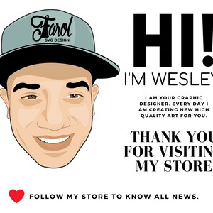 Puede incluir: Una ilustraci&oacute;n de dibujos animados de una persona que lleva una gorra de b&eacute;isbol negra y gris con el texto "Farol SVG DESIGN" en ella. La persona sonr&iacute;e y tiene el pelo casta&ntilde;o. El texto "HI! I'M WESLEY" est&aacute; en letras negras grandes. Debajo del texto hay un mensaje que dice "I AM YOUR GRAPHIC DESIGNER. EVERY DAY I AM CREATING NEW HIGH QUALITY ART FOR YOU. THANK YOU FOR VISITING MY STORE FOLLOW MY STORE TO KNOW ALL NEWS."