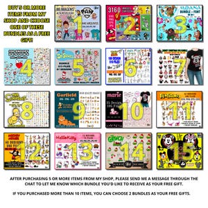 Op de afbeelding: Een collage van 15 kleurrijke vierkanten, elk met een ander cartoonpersonage of thema. De vierkanten zijn genummerd van 1 tot en met 15. De tekst "KOOP 5 OF MEER ARTIKELEN IN MIJN WINKEL EN KIES EEN VAN DEZE PAKKETTEN ALS GRATIS CADEAU!" staat bovenaan de afbeelding. De tekst "NA HET KOPEN VAN 5 OF MEER ARTIKELEN IN MIJN WINKEL, STUUR ME EEN BERICHT VIA DE CHAT OM ME TE LATEN WETEN WELK PAKKET JE ALS GRATIS CADEAU WILT ONTVANGEN. ALS JE MEER DAN 10 ARTIKELEN HEBT GEKOCHT, KAN JE 2 PAKKETTEN KIEZEN ALS GRATIS CADEAUS." staat onderaan de afbeelding.