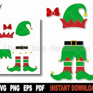 May include: A set of elf costume SVG cut files. The set includes a hat, a bow, a belt, pants, and shoes. The colors are green, red, and black.