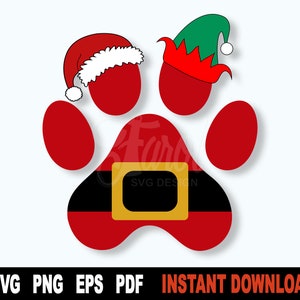 Santa Paw Print SVG, pootafdruk met kerstmuts en elf SVG-bestand voor Cricut, Christmas Dog svg, Santa Belt SVG - directe digitale download