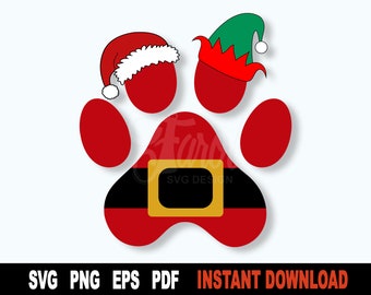 Santa Paw Print SVG, Paw Print met Santa Hat en Elf SVG File Voor Cricut, Christmas Dog svg, Santa Belt SVG - Instant Digital Download