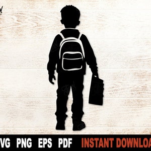 May include: Silhouette of a child wearing a backpack and holding a book. The child is facing away from the viewer. The image is in black and white.