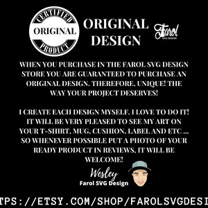 Puede incluir: Una imagen en blanco y negro con el texto "ORIGINAL DESIGN" en letras blancas grandes. El texto "Farol SVG Design" tambi&eacute;n est&aacute; incluido en la imagen. La imagen incluye un c&iacute;rculo blanco con el texto "CERTIFIED ORIGINAL PRODUCT" dentro. La imagen tambi&eacute;n incluye una imagen de dibujos animados de una persona con un sombrero negro y una camisa blanca.