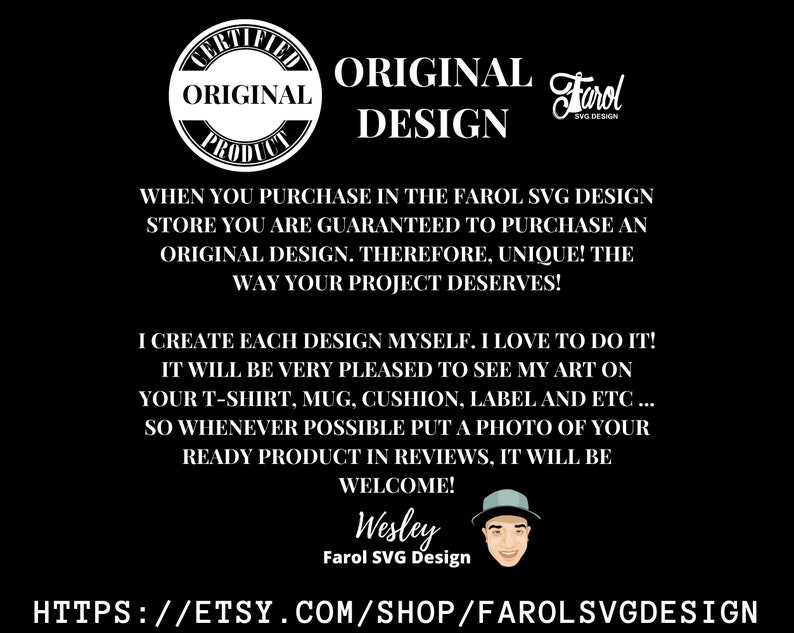 Puede incluir: Una imagen en blanco y negro con el texto "ORIGINAL DESIGN" en letras blancas grandes. El texto "Farol SVG Design" tambi&eacute;n est&aacute; incluido en la imagen. La imagen incluye un c&iacute;rculo blanco con el texto "CERTIFIED ORIGINAL PRODUCT" dentro. La imagen tambi&eacute;n incluye una imagen de dibujos animados de una persona con un sombrero negro y una camisa blanca.